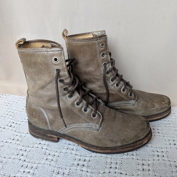 Frye Veronica Combat Women's Leather Ankle Boots Stonewashed Brown Distressed 8B - Picture 1 of 9